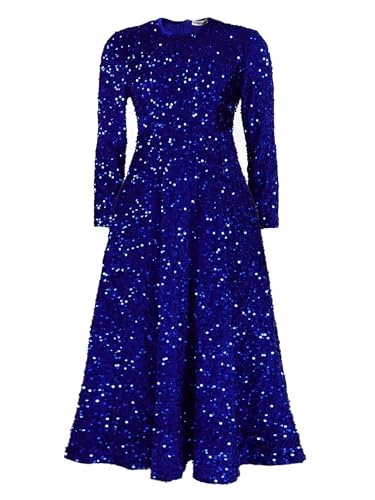 Damen Paillettenkleid Pailletten Glitzer A-Linie Kleid mit langen Ärmeln Hohe Taille Mitte Knielang Rock Formelles Ballkleid, blau, 3XL von Generisch