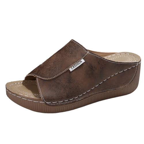 Damen Pantoletten Aus Leder Bequeme Keilsandalen Hausschuhe Plateau Ergonomische Rutschfeste Orthopädische Sandaletten Strand Sommerschuhe Elegante Schlappen Erwachsene Clogs Arbeitsschuhe von Generisch