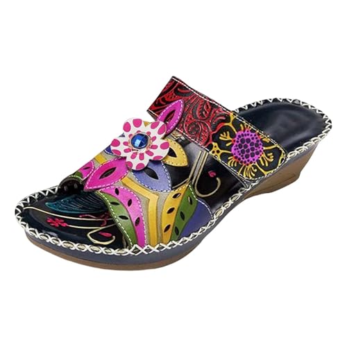 Damen Pantoletten Sommer Modische Peeptoes Keilsandalen Elegant Orthopädische Sandalen Boho Sandale Leichte Und Bequeme Hausschuhe Sandalen Blume Frauen Römersandalen Ethno-Stil Sommerschuhe von Generisch