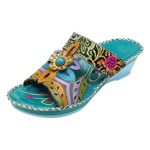 Damen Pantoletten Sommer Modische Peeptoes Keilsandalen Elegant Orthopädische Sandalen Boho Sandale Leichte Und Bequeme Hausschuhe Sandalen Blume Frauen Römersandalen Ethno-Stil Sommerschuhe von Generisch