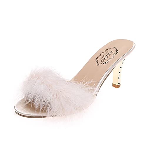Damen Pantoletten mit Absatz Plüsch Sandaletten Flauschige Absätze Schuhe High Heels Slides Hausschuhe Slip-On Schlupfsandalen Offener Zehen Stiletto Pumps Sommerschuhe Damenschuhe von Generisch