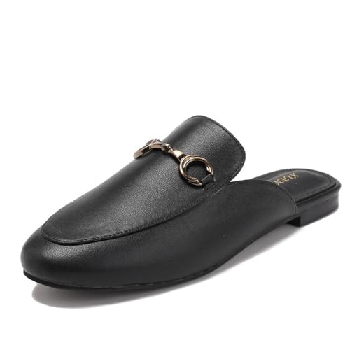 Damen Pantoletten mit geschlossener runder Zehenpartie, rückenfrei, Metallschnalle, verziert, leicht, lässig, flache Schuhe, Schwarz , 37EU von Generisch