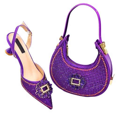 Damen Party Schuh und Handtasche Set Italienisches Design High Heels mit passender Tasche für afrikanische Hochzeiten, violett, 43.5 EU von Generisch