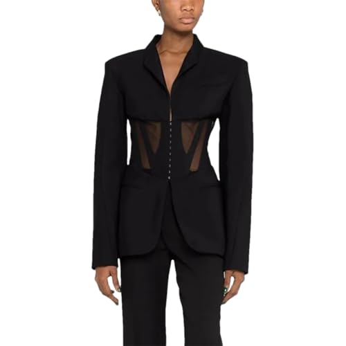 Damen Patchwork Transparent Mesh Blazer Kerbkragen Langarm Kontrast Slim Fit Jacke, Schwarz , 44 von Generisch