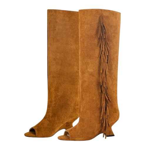 Damen Peep Toe Flock Fransen kniehohe Stiefel mit modischem geformtem High Heel und Metallkappe Akzent für stilvolle Anlässe, Cd241017a, 40 EU von Generisch