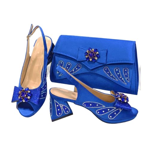 Damen Peep Toe Heels Taschen Set mit Schleife - Strass - Italienischer Stil, blau, 40.5 EU von Generisch