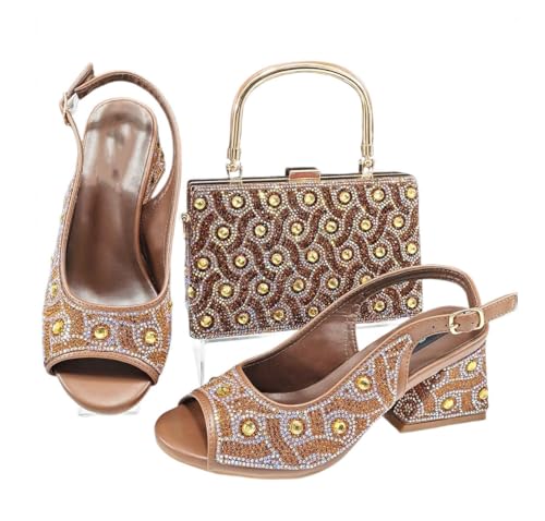 Damen Peep Toe Heels Taschen Set mit Strass für Party Hochzeit, braun, 42.5 EU von Generisch