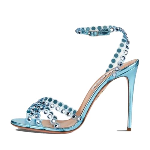 Damen Peep Toe Strass verziert schmales Band Sandalen High Heels Spaghetti Riemchen Schuhe, Siehe Abbildung, 41.5 EU von Generisch