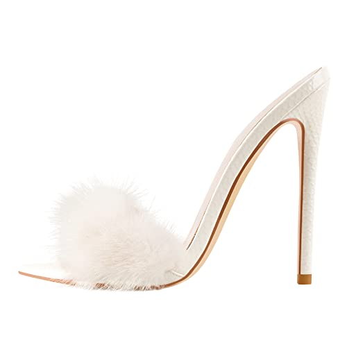 Damen Pelz Fuzzy Sexy High Heels für Frauen Stiletto High Heels Pantoletten Sandalen, weiß, 42.5 EU von Generisch