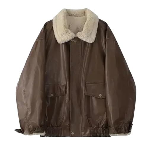 Damen Pelz Gefüttert Kunstleder Jacke Lose Warm Vintage Lammwolle Verdickt Motorradmantel Winter Oberbekleidung, Kaffeebraun, L von Generisch