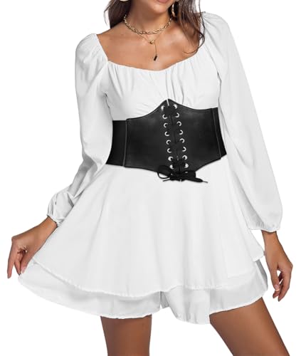 Damen Piratenkostüm Kleid mit Korsett Renaissance Viktorianische Off Shoulder Kurz Jumpsuit Piratinkleid Gebauschtes Weiß Rüschenkleid mit integrierten Shorts Karneval Kostüm Piratin von Generisch