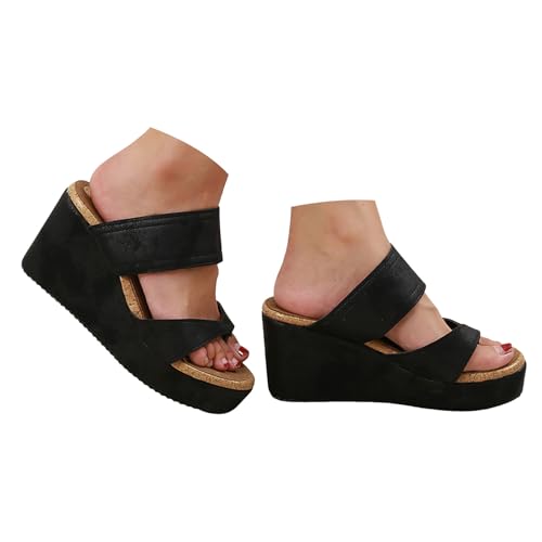 Damen Plateau Barfußschuhe Sommer Leder Peep Toe Bequeme Keilabsatz Slipper Mode Outdoor Leisure Rutschfest Sandalen Komfort Breite Füße für Gehen und Urlaub (40) von Generisch