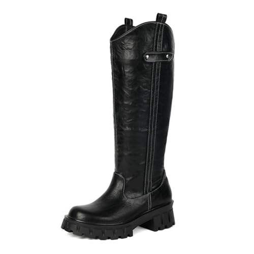 Damen Plateau Blockabsatz Kniehohe Reitstiefel Pelz Gefüttert Komfort Runde Zehen Pull On Winterschuhe, Schwarz , 38 EU von Generisch