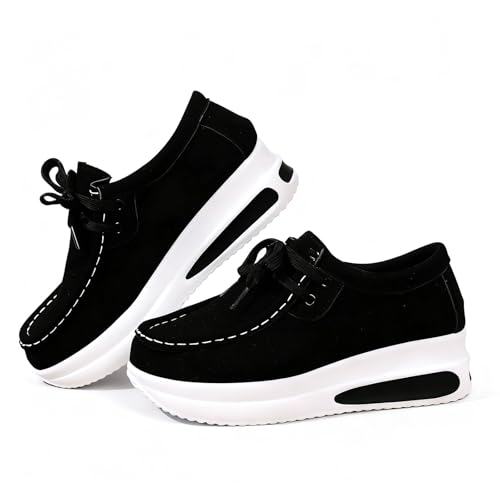 Damen Plateau Chunky Loafers Schuhe Schnürschuhe Casual Wildleder wie Obermaterial Dicke Sohle Loafers Casual Bequem Walking Sneaker, Schwarz , 41 EU von Generisch