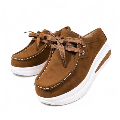 Damen Plateau Chunky Loafers Schuhe Schnürschuhe Casual Wildleder wie Obermaterial Dicke Sohle Loafers Casual Bequem Walking Sneaker, braun, 41 EU von Generisch