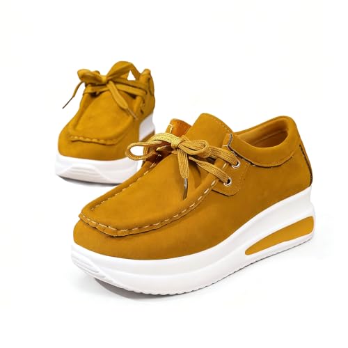 Damen Plateau Chunky Loafers Schuhe Schnürschuhe Casual Wildleder wie Obermaterial Dicke Sohle Loafers Casual Bequem Walking Sneaker, gelb, 38.5 EU von Generisch