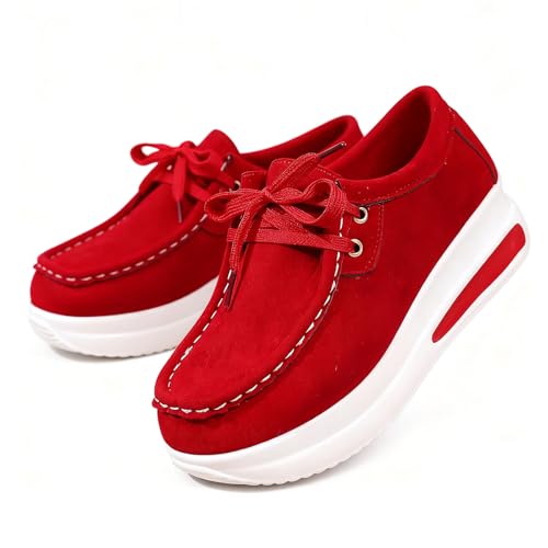 Damen Plateau Chunky Loafers Schuhe Schnürschuhe Casual Wildleder wie Obermaterial Dicke Sohle Loafers Casual Bequem Walking Sneaker, rot, 38.5 EU von Generisch
