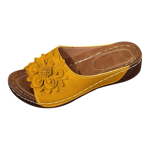 Damen Plateau Keilsandalen Orthopädische Sandalen mit Fußgewölbeunterstützung Böhmen Römerschuh Fischmaul Offene Zehen Pantoletten Blume Kunstleder Pantoletten Hollow Out Clogs Slip On Rutschfeste von Generisch