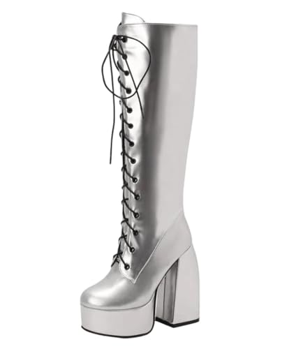 Damen Plateau Kniehohe Stiefel Schnürstiefel Gothic Lange Stiefel Dicke Absätze Party Winter Schuhe Große Größe Mode Schuhe, silber, 41 EU von Generisch
