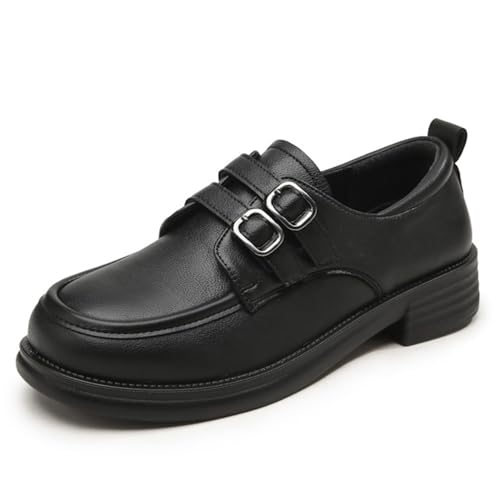 Damen Plateau Loafers Komfort Runde Zehen Chunky Heel rutschfeste Casual Business Oxford Schuhe mit Gürtelschnalle, Schwarz , 37.5 EU von Generisch