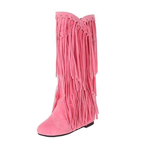 Damen Plus Size Winter Chunky Heel Fringe Boots Inside Booster Mid Length Boots, rose, 38.5 EU von Generisch