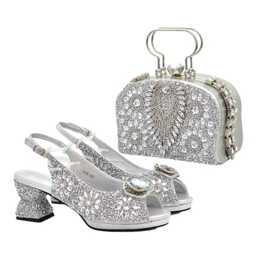 Damen Popularität Peep Toe Heels Party Full Diamond Pumps Italienische Schuhe und Taschen Passendes Set, silber, 43 EU von Generisch