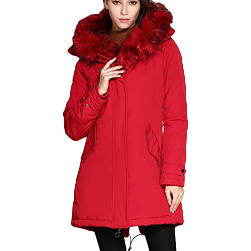 Damen Puffer Daunenmantel Winterjacke Warm Slim Zip Coat Hood Outwear Mit Faux Fur Trim Hood (S,Rot) von Generisch