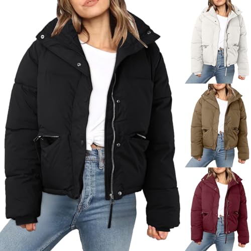 Damen Puffer Jacke Kurz Schwarz Beige Winter Warm Gesteppte Dicke Winterjacke Winter Warm Ubergangs Damen-Jacken Outdoor Langarm-Baumwolljacke Jacken füR Damen von Generisch