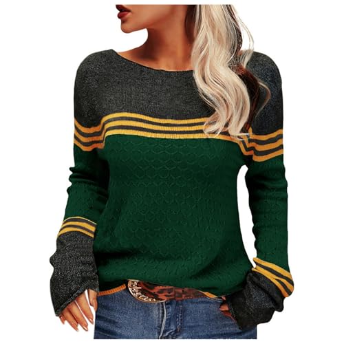 Damen Pullover Colorblock Langarm Rundhals Strickpullover Gestreift Slim Fit Strickwaren Tops Damenpullover von Generisch