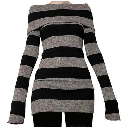 Damen Pullover Elegant, Gestreift Schulterfrei Strickpullover Damen Winter Strick Winterpullover Thermo Pulli Frauen Schulterfrei Damenpullover Langarm Winterpulli Jumper Longpullover Oberteile Tops von Generisch