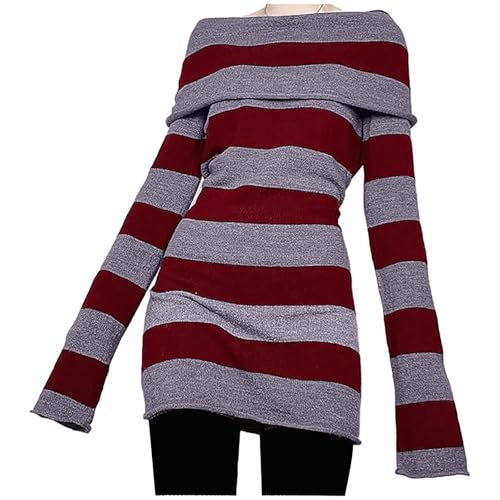 Damen Pullover Elegant, Gestreift Schulterfrei Strickpullover Damen Winter Strick Winterpullover Thermo Pulli Frauen Schulterfrei Damenpullover Langarm Winterpulli Jumper Longpullover Oberteile Tops von Generisch