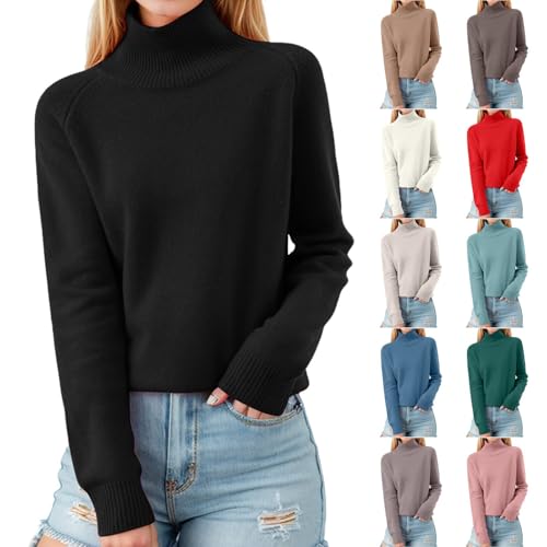 Damen Pullover Elegant Rollkragenpullover Langarm Strickpullover Casual Lose Pulli Einfarbig Oberteile Stehkragen Langarmshirt Winter Casual Sweatshirt Lässige Rolli Sweater Bequem #A02 Schwarz M von Generisch