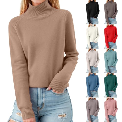 Damen Pullover Elegant Rollkragenpullover Langarm Strickpullover Casual Lose Pulli Einfarbig Oberteile Stehkragen Langarmshirt Winter Casual Sweatshirt Lässige Rolli Sweater Bequem #A03 Gold L von Generisch