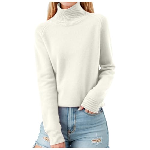 Damen Pullover Elegant Rollkragenpullover Langarm Strickpullover Casual Lose Pulli Einfarbig Oberteile Stehkragen Langarmshirt Winter Casual Sweatshirt Lässige Rolli Sweater Bequem #A04 Weiß M von Generisch