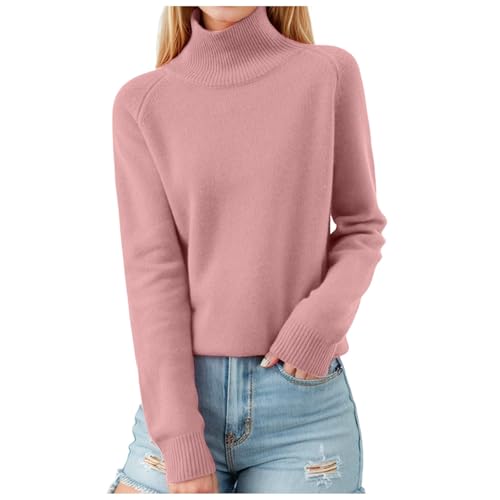 Damen Pullover Elegant Rollkragenpullover Langarm Strickpullover Casual Lose Pulli Einfarbig Oberteile Stehkragen Langarmshirt Winter Casual Sweatshirt Lässige Rolli Sweater Bequem #A11 Rosa M von Generisch