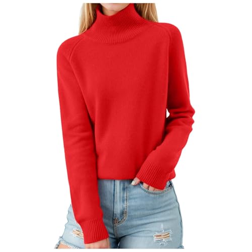 Damen Pullover Elegant Rollkragenpullover Langarm Strickpullover Casual Lose Pulli Einfarbig Oberteile Stehkragen Langarmshirt Winter Casual Sweatshirt Lässige Rolli Sweater Bequem #A13 Rot L von Generisch