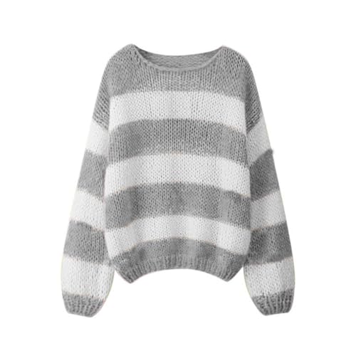 Damen Pullover Eleganter Farbblock Strickpullover Oversize Strick Sweatshirt Winter Langarm Loose Fit Top Rundhals Gestreifter Pullover (Grau, S) von Generisch