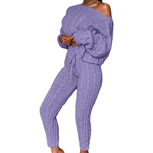 Damen Pullover Set Herbst Rippstrick 2-Teilig Outfits Pullover Set Schulterfrei Pullover Top + Lange Hose Loungewear (S,Helles Lila) von Generisch