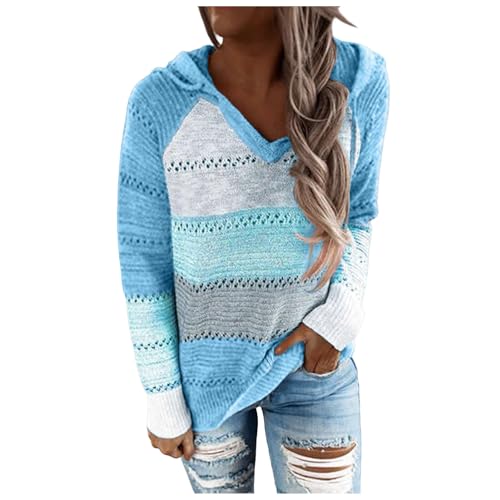 Damen Pullover Strickpullover mit Kapuze Kurz Strick Cardigan V Auschnitt Sweatshirt Gestreift Hoodie Pulli Patchwork Strickjacke Oberteile Tops Blau S von Generisch