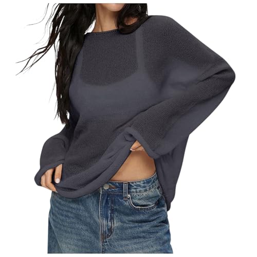 Damen Pullover Sweater Damen Oversized Langarm Sheer Mesh Strickpullover Tops Sommer Loose Hollow Out Pullover Shirt Strand Knit Sweater Transparent Pullover Solid Damen Pullover Damenpullover von Generisch