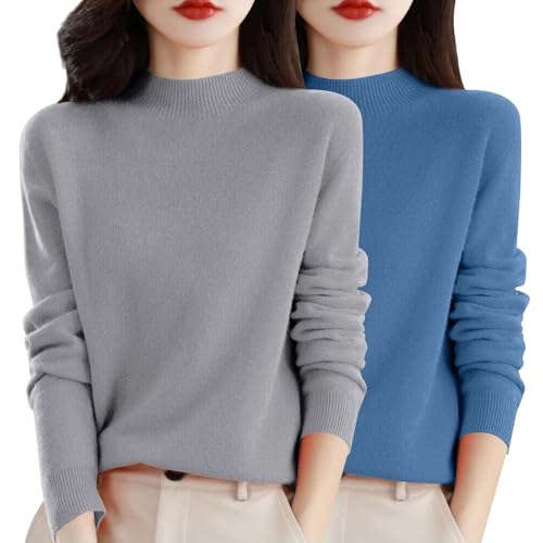 Damen Pullover Winter,Merinowolle Pullover Damen Stehkragen Langarm nahtlosem Strickpullover Winterpullover Damenpullover Sweatshirts Sweater Sweatpullover Wollpullover Pulli Langarmshirt,2er Pack von Generisch