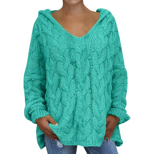 Damen Pullover Winter mit Kapuze Strickpullover Damen Grobmaschig Kapuzenpullover Strick Pulli Damen Dicke V Ausschnitt Winterpullover Warm Hoodie Oversize Damenpullover Langarm Winterpulli von Generisch