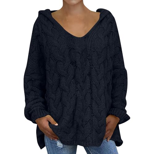 Damen Pullover Winter mit Kapuze Strickpullover Damen Grobmaschig Kapuzenpullover Strick Pulli Damen Dicke V Ausschnitt Winterpullover Warm Hoodie Oversize Damenpullover Langarm Winterpulli von Generisch