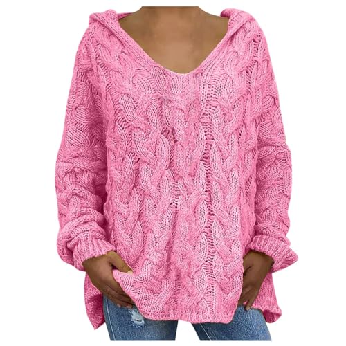Damen Pullover Winter mit Kapuze Strickpullover Damen Grobmaschig Kapuzenpullover Strick Pulli Damen Dicke V Ausschnitt Winterpullover Warm Hoodie Oversize Damenpullover Langarm Winterpulli von Generisch