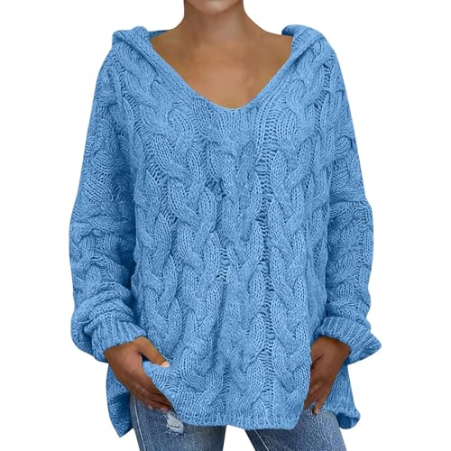 Damen Pullover Winter mit Kapuze Strickpullover Damen Grobmaschig Kapuzenpullover Strick Pulli Damen Dicke V Ausschnitt Winterpullover Warm Hoodie Oversize Damenpullover Langarm Winterpulli von Generisch