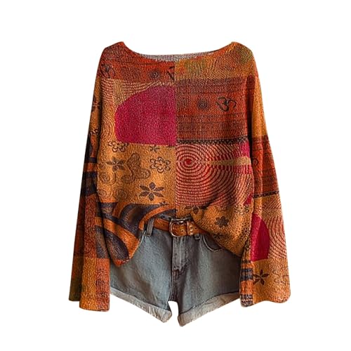 Damen Pullover gelb,Boho Vintage Rundhals Strickpullover Damen Herbst Winter Casual Langarmshirt Floral Print Bequem Oberteil Bluse Trendiger Übergröße Strickwaren Pullover für Frauen von Generisch