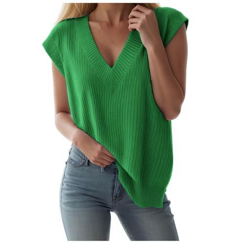 Damen-Pullover mit V-Ausschnitt, ärmellos, gestrickt, Flügelärmel, Tank-Top, lässig, lockeres Strickhemd, grün, S Damen-Pullover mit V-Ausschnitt, ärmellos, gestrickt, Flügelärmel, Tank-Top, lässig, lockeres Strickhemd, grün, S von Generisch