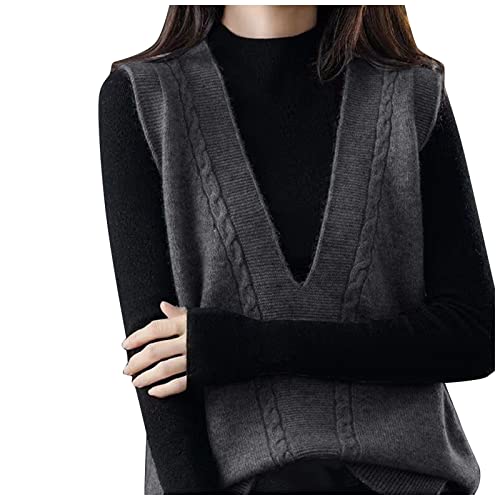 Generisch Damen Pullunder, Lang Knopf Einfarbig Pullover Vest Strickpullunder Ärmellos Baumwolle V Ausschnitt Sweater Vest Damenpulli Strickweste Winter Warm Pullunder Pullover von Generisch