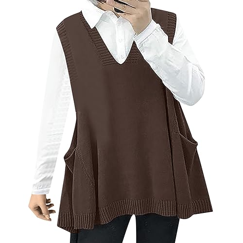 Damen Pullunder Oversize V-Ausschnitt, Stricken Weste Pullover ärmellose, Strickpullover Ärmellos Lang Strickweste, Freizeit Sweater Vest Herbst Winter von Generisch