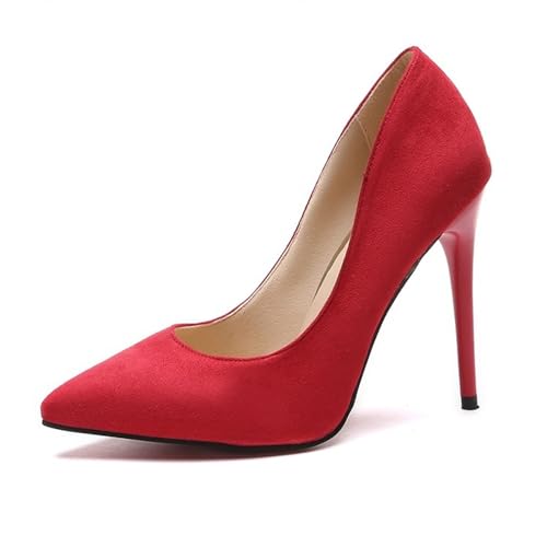 Damen-Pumps aus Wildlederimitat, Stiletto, ultra-hohe Absätze, Slipper, klassisch, spitzer Zehenbereich, elegante Schuhe für Hochzeit, Party, Büro, rot, 39 EU von Generisch